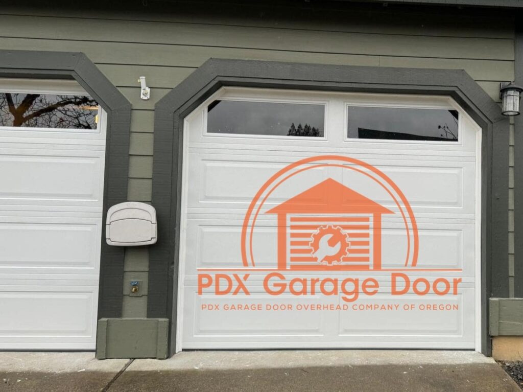 small garage double door replacement white in color with two windows.